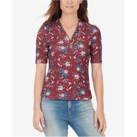 New William Rast red Floral Knit Henley Casual Top | Size Medium - Picture 2 of 7